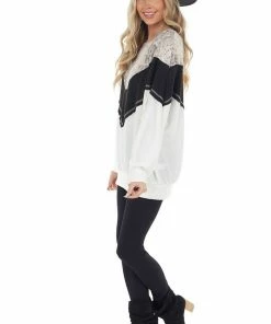 CY Fashion Black And White Long Sleeve Top With Animal Print Contrast Tops
