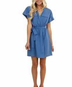 Andree Dusty Blue Surplice Dress With Waist Tie And Pockets