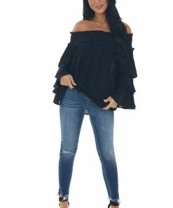 Easel Black Off Shoulder Tiered Ruffle Sleeve Top