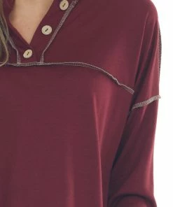 Now N Forever Tops Burgundy Soft Knit V Neck Exposed Seam Top