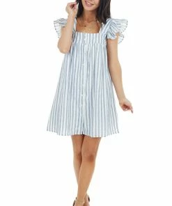 Entro Denim And Ivory Stripe Print Mini Dress With Ruffle Straps