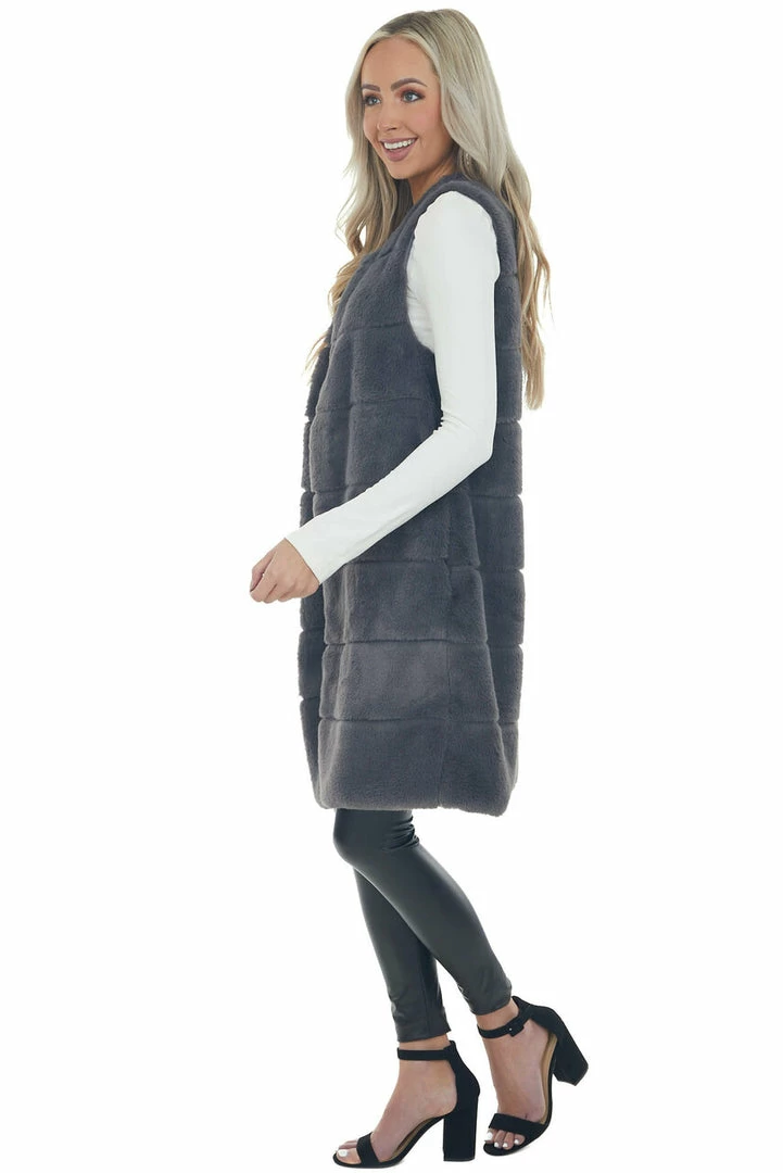 LE FEMME FASHION Graphite Tiered Faux Fur Duster Length Vest 19 LE FEMME FASHION Graphite Tiered Faux Fur Duster Length Vest