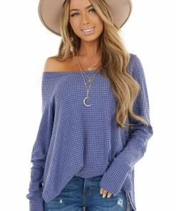 BucketList Tops Dusty Blue Waffle Knit Long Sleeve Top With Thumb Holes