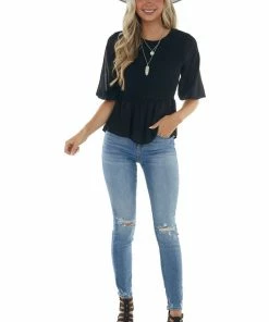 HYFVE Black Smocked Peplum Puff Sleeve Blouse