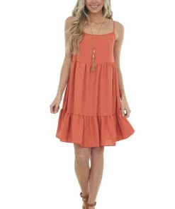 Ces Femme Dresses Rust Sleeveless Short Tiered Woven Dress