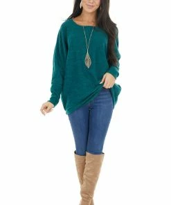 First Love Forest Green Long Dolman Sleeve Top With Raw Edge Detail Tops