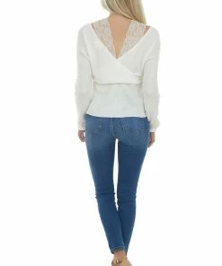 143 Story Tops Ivory Lace Strap Ribbed Knit Light Sweater