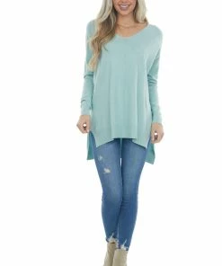 ZENANA Tops Mint Oversized High Low Hem Knit Tunic Top