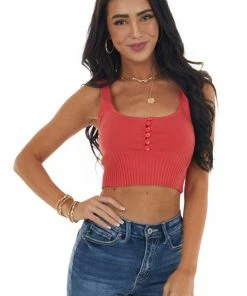Emory Park Scarlet Sleeveless Knit Crop Top With Buttons Tops