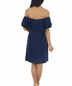 Sweet Lovely Navy Off The Shoulder Mini Dress With Ruffle Overlay