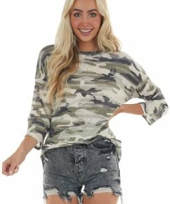 Lime 'N' Chili Tops Vintage Olive Camo Waffle Knit Top With 3/4 Sleeves
