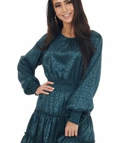 She + Sky Dark Teal Leopard Print Satin Smocked Short Dress Dresses