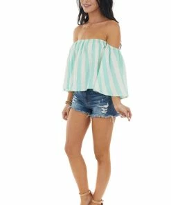 Blue Buttercup Mint Striped Off The Shoulder Flared Sleeve Blouse