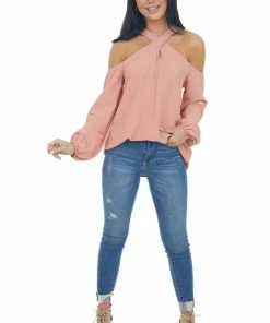 143 Story Hazy Coral Cold Shoulder Long Sleeve Top With Crossed Neck