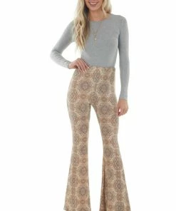 143 Story Desert Sand Paisley Print Flare Pants Bottoms
