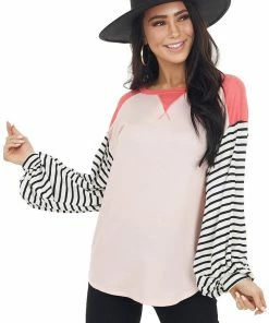 My Story Blush And Coral V Stitch Knit Top With Striped Puff Sleeves Tops