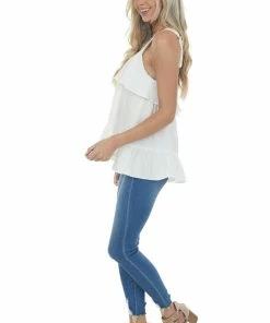 Entro Off White Woven Tank Top With Ruffle Details Tops 15 Entro Off White Woven Tank Top With Ruffle Details Tops