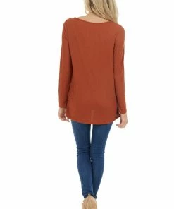 BiBi Tops Terracotta Soft Ribbed Long Sleeve Top With Neckline Cutout