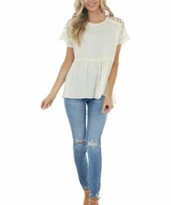 143 Story Cream Swiss Dot Woven Top With Lace Short Sleeves Tops