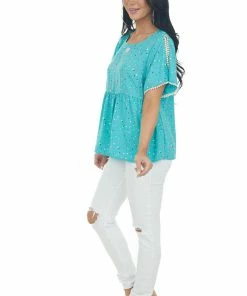 Andree Teal Multicolor Polka Dot Drop Waist Woven Top Tops