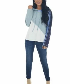 Umgee Tops Arctic Blue Colorblock Reverse Seam Hooded Top 27 Umgee Tops Arctic Blue Colorblock Reverse Seam Hooded Top