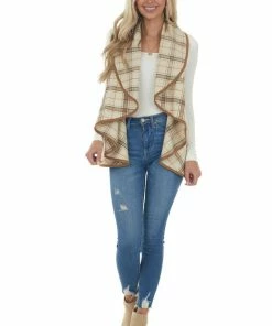 Peach Love Outerwear Oatmeal And Camel Plaid Waterfall Open Front Vest
