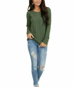 7th Ray Olive Green Waffle Knit Long Sleeve Top With V Stitch Tops