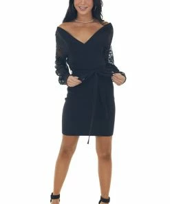 Lush Clothing Black Ribbed Knit Mini Dress With Lace Sleeves Dresses 12 Lush Clothing Black Ribbed Knit Mini Dress With Lace Sleeves Dresses