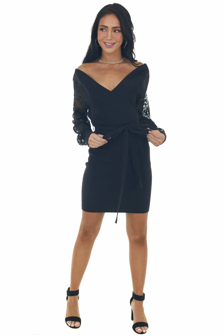 Lush Clothing Black Ribbed Knit Mini Dress With Lace Sleeves Dresses 5 Lush Clothing Black Ribbed Knit Mini Dress With Lace Sleeves Dresses