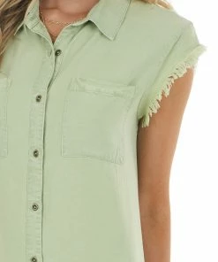 Trend Notes Dresses Sage Chambray Cap Sleeve Shirt Dress With Frayed Edges