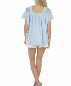 Easel Pastel Blue Crochet Lace Yoke Short Sleeve Top 24 Easel Pastel Blue Crochet Lace Yoke Short Sleeve Top