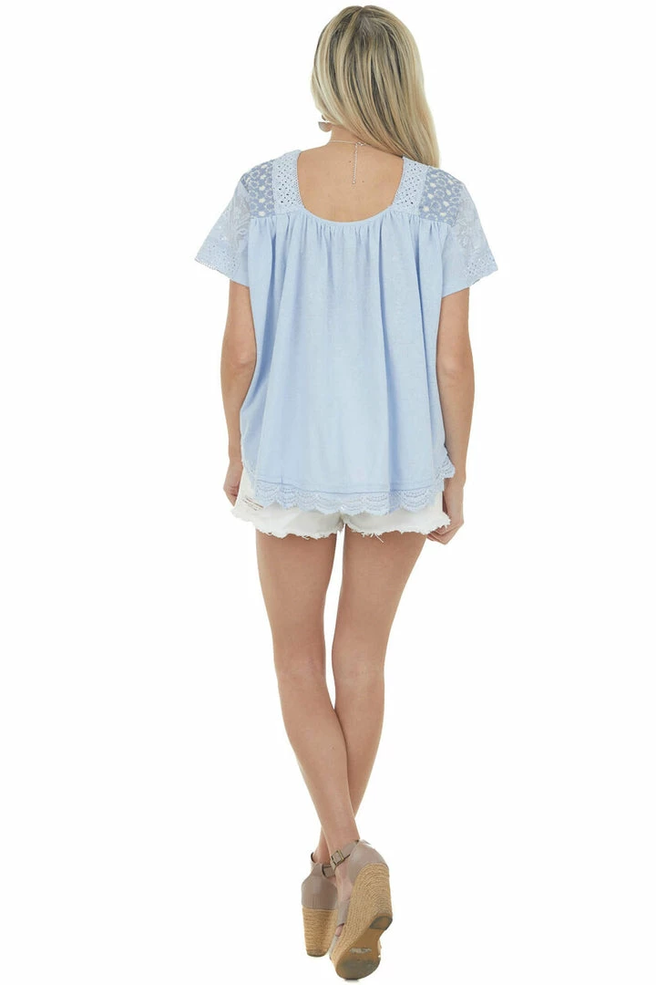 Easel Pastel Blue Crochet Lace Yoke Short Sleeve Top 12 Easel Pastel Blue Crochet Lace Yoke Short Sleeve Top