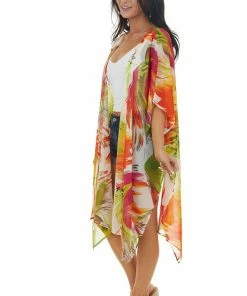 Caramela Tops Neon Orange Abstract Floral Open Front Kimono 27 Caramela Tops Neon Orange Abstract Floral Open Front Kimono