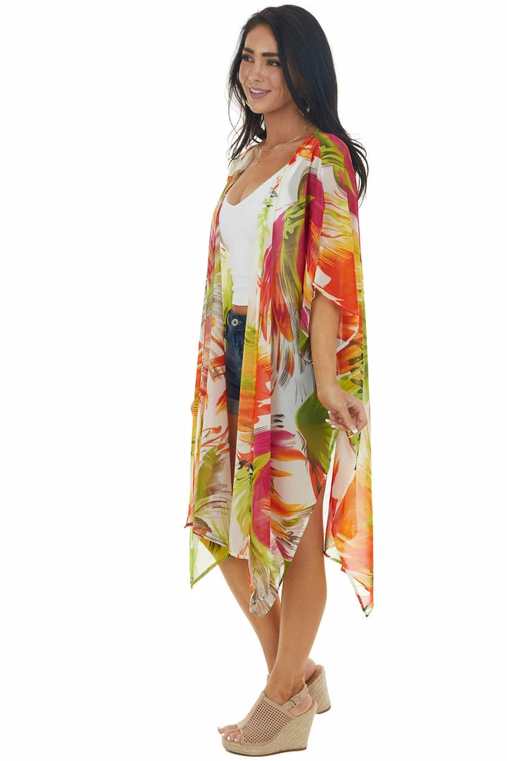 Caramela Tops Neon Orange Abstract Floral Open Front Kimono 12 Caramela Tops Neon Orange Abstract Floral Open Front Kimono