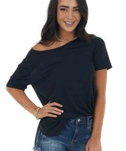 Lush Clothing Black Flowy Knit Top With Single Chest Pocket Tops