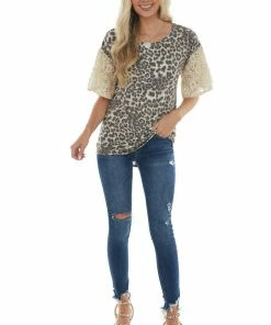 BiBi Latte Leopard Print Top With Short Floral Lace Bell Sleeves 28 BiBi Latte Leopard Print Top With Short Floral Lace Bell Sleeves