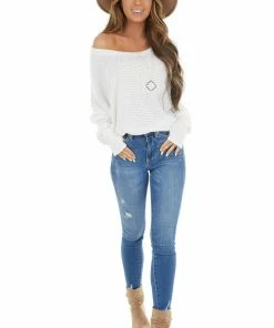 BiBi Tops Ivory Waffle Knit Dolman Sleeve Top With Long Banded Cuffs