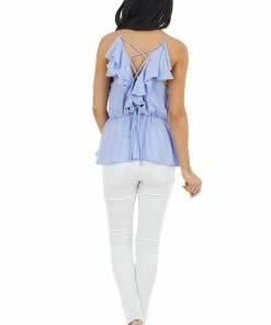 Do + Be Tops Periwinkle Sleeveless Surplice Blouse With Open Lace Up Back