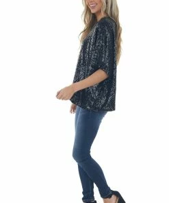L Love Black Sequined One Shoulder Flowy Blouse