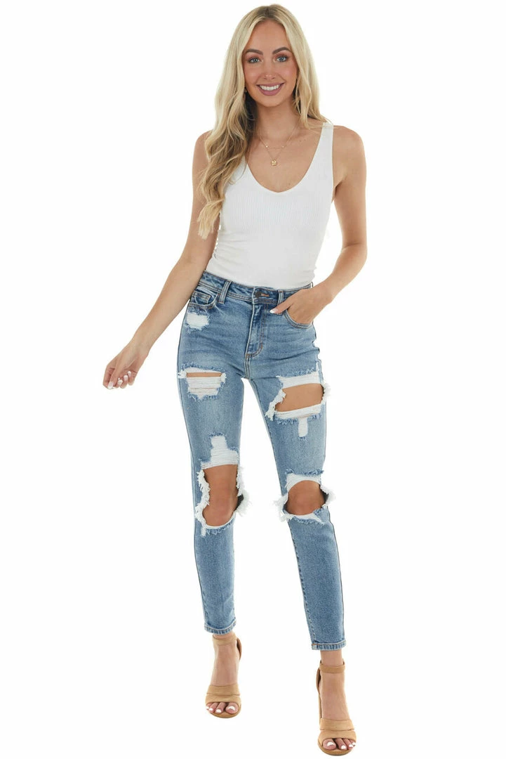 Cello Jeans Medium Wash Heavy Distressed Skinny Jeans Bottoms 8 Cello Jeans Medium Wash Heavy Distressed Skinny Jeans Bottoms