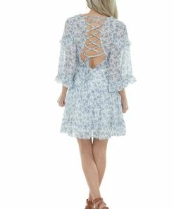 She + Sky Ocean Ditsy Floral Tiered Short Dress With Open Back Detail