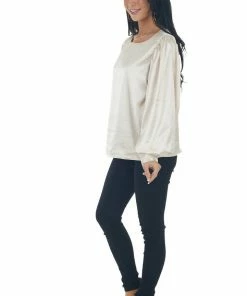 Vine & Love Champagne Printed Long Sleeve Satin Blouse 36 Vine & Love Champagne Printed Long Sleeve Satin Blouse