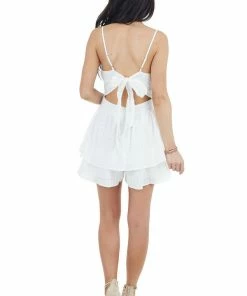 Main Strip Off White Ruffled Romper With Adjustable Spaghetti Straps Dresses
