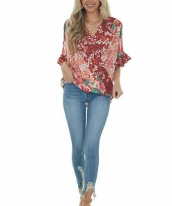 Umgee Dark Rust Multiprint Short Sleeve Surplice Top Tops