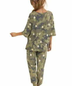 Entro Tops Olive Camo And Star Print Short Sleeve Top With Front Pocket