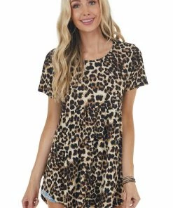 HEIMISH Cognac Leopard Print Babydoll Short Cap Sleeve Knit Top Tops