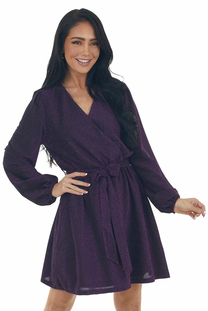 Andree Dresses Indigo Metallic Threaded Surplice Knit Dress 11 Andree Dresses Indigo Metallic Threaded Surplice Knit Dress