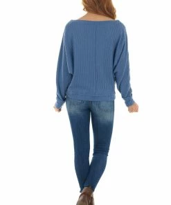 She + Sky Hazy Blue Dolman Sleeve Fleece Waffle Knit Top