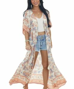 Ces Femme Cream Floral Print Tie Waist Duster Kimono