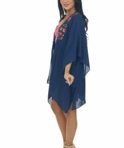Umgee Navy Blue Floral Embroidered Waist Tie Kimono Tops